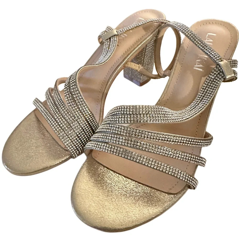 NEW Women's Strappy Slingback Chunky Heels Open Toe Rhinestones Sandals